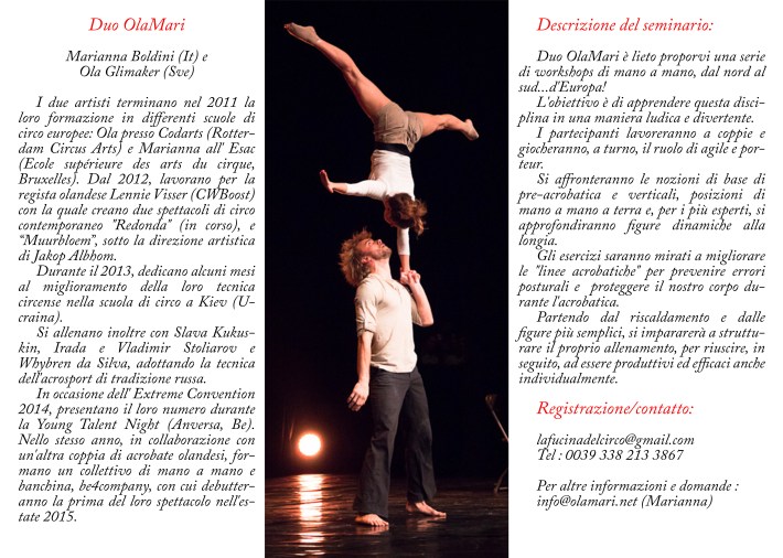 workshop di mano a mano , acroporteur, acrobatica in duo, duo OLAMARI.