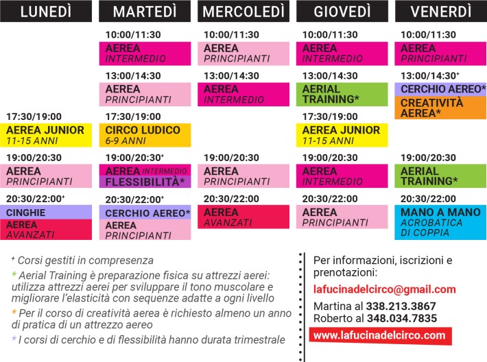 programma settimanale, corsi, la fucina del circo torino